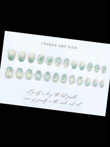 24pcs Short Oval Fake Nails, Green Dopamine Asymmetrical Line Pressed Nails, Full Coverage Removable Nail Set For Women, Suitable For Party, Ball And Daily Wear - View 3