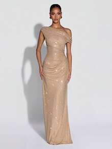 Women's One-Shoulder Waist-Cut Slim-Fit Rhinestone Long Dress, Suitable For Dinner Parties And Banquets - Vàng - Xem 1
