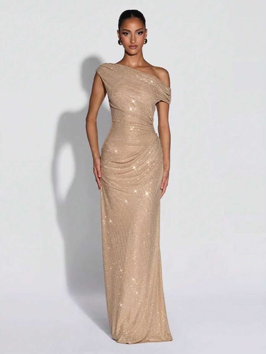 Women's One-Shoulder Waist-Cut Slim-Fit Rhinestone Long Dress, Suitable For Dinner Parties And Banquets - Vàng - Xem 1