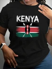 VivaGlam-Kenya Flag Your Maasai Shield Women's Pure Comfortable T-Shirt, Relaxed Fit, Everyday Tshirt,  Top, Round Neck Tee, Soft Fabric, Breathable Material, Printed Tee, Basic Tee, Streetwear Style, Casual Wardrobe - 黑色 - 查看 6