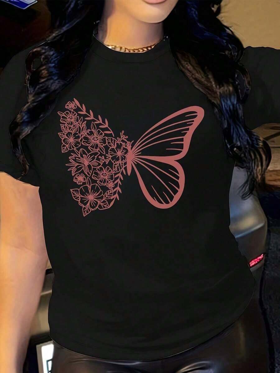 Designed For Modern, Stylish, And Comfortable Women. This Women's Casual Summer Blouse Features A Round Neck, Short Sleeves, And A Vibrant Butterfly Floral Print. The H-Shaped Silhouette Is Breathable, Hand Wash Only, And Includes A Butterfly Appliqué. Made From Premium Soft, Breathable Fabric, It's Designed For All-Day Comfort And Versatile Everyday Wear, Perfect For Casual Outings. - 黑色 - 查看 1