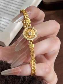1 chiếc vòng tay hình la bàn xoay tròn đính đá Zirconia thời trang và thanh lịch, hình mắt mèo, thích hợp cho các lễ hội, sự kiện và dịp đặc biệt. - Vàng - Xem 4