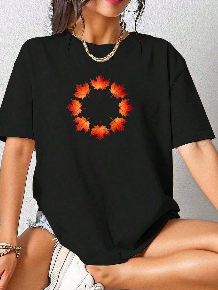 Soft And Comfortable Korean Style T-Shirt, Casual Women's Clothing, Short Sleeve T-Shirt Made Of Pure Cotton, Soft And Comfortable, Recommended Item, With Circular Print Design Featuring Autumn Maple Leaf Patterns. 100% Breathable Cotton. - 黑色 - 查看 1