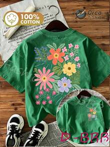 Ilustración de flores y plantas frescas y mixtas, camiseta de mujer casual de primavera/verano con estampado de doble cara, estilo retro y lindo, camiseta de manga corta con cuello redondo - Camiseta unisex de algodón holgada de manga corta y cuello redondo estilo vintage urbano. - Verde - Ver 12
