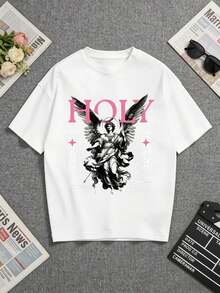 White T-Shirt With A Striking "Holy Guardian Angel" Print. Perfect For Gifting To Family And Friends... A Short-Sleeved T-Shirt Suitable For Home, Everyday Wear, Parties, And Travel-Ideal As A Gift For Friends Or Family. - 白色 - 查看 5