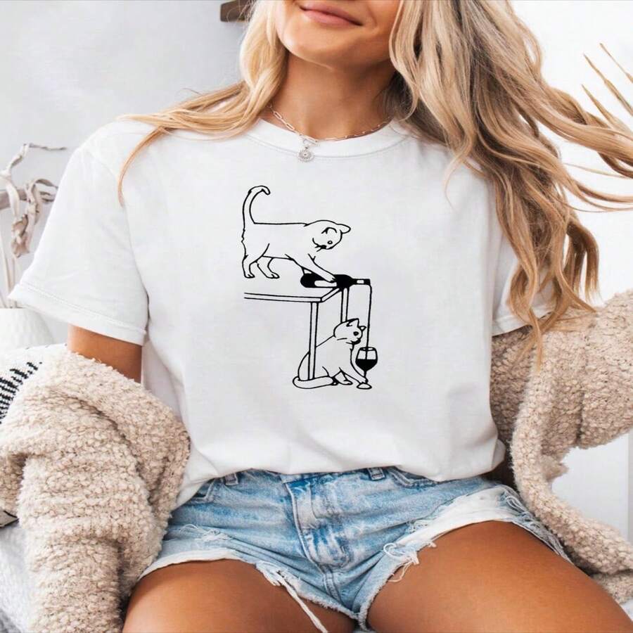 Camiseta de mujer de cuello redondo con estampado de temática divertida de gatos, decoración con patrón de arte lineal de gatos, manga corta casual, bonita y divertida para amantes de los gatos, prenda superior de uso diario - Blanco - Ver 1