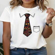 Camiseta casual de manga corta con cuello de pajarita y bolsillo para mujer, estampado gráfico novedoso de primavera-oto?o | Estilo diario, salida diaria, regalo de vacaciones - Blanco - Ver 1