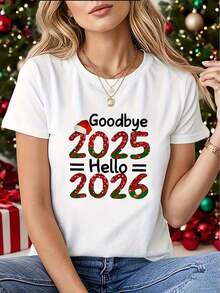 Women's Short-Sleeved T-Shirt With Christmas Elements And "Farewell Welcome 2026" Print, Round Neck, Machine Washable, Comfortable, Soft, Breathable, Loose Fit, Casual Style, Suitable For Spring, Summer And Autumn, Women's T-Shirt, Casual Wear. - 白色 - 查看 7
