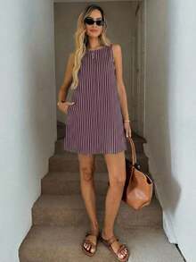 Vestido casual de mujer de línea A sin mangas a rayas con bolsillos acolchados, conjunto elegante de vacaciones, estilo retro lujoso - Multicolor 6 - Ver 4