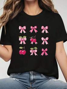 Plus Size - Plus Size - Women's Plus Size T-Shirt | Graphic Print Of Bow Tie And Cherries, Casual Crew Neck, Medium Stretch Fabric, Ideal For Spring/Summer 2026. - 黑色 - 查看 1
