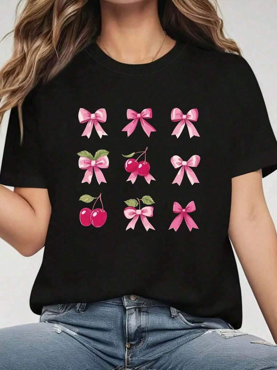 Plus Size - Plus Size - Women's Plus Size T-Shirt | Graphic Print Of Bow Tie And Cherries, Casual Crew Neck, Medium Stretch Fabric, Ideal For Spring/Summer 2026. - 黑色 - 查看 1