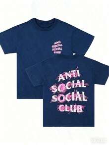 1pc Cotton Double-Sided Printed, Anti Social Club Printed T-Shirt, Suitable For Daily Wear, Casual Summer Wear, Slightly Elastic, Breathable, Outdoor Holiday Sports, Gift T-Shirt, Holiday Gift, Perfect Gift. Summer Outfits For Women Maija Ropa De Mujer Tropical Outfits - Màu xanh hải quân - Xem 4