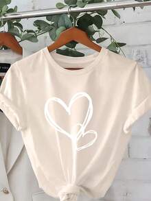 Plus Size - Plus Size - White Day, Exquisite Heart Design, Elegant Short Sleeve T-Shirt With Round Neck Print, Plus Size Women's Clothing, Women's Apparel - 杏色 - 查看 6