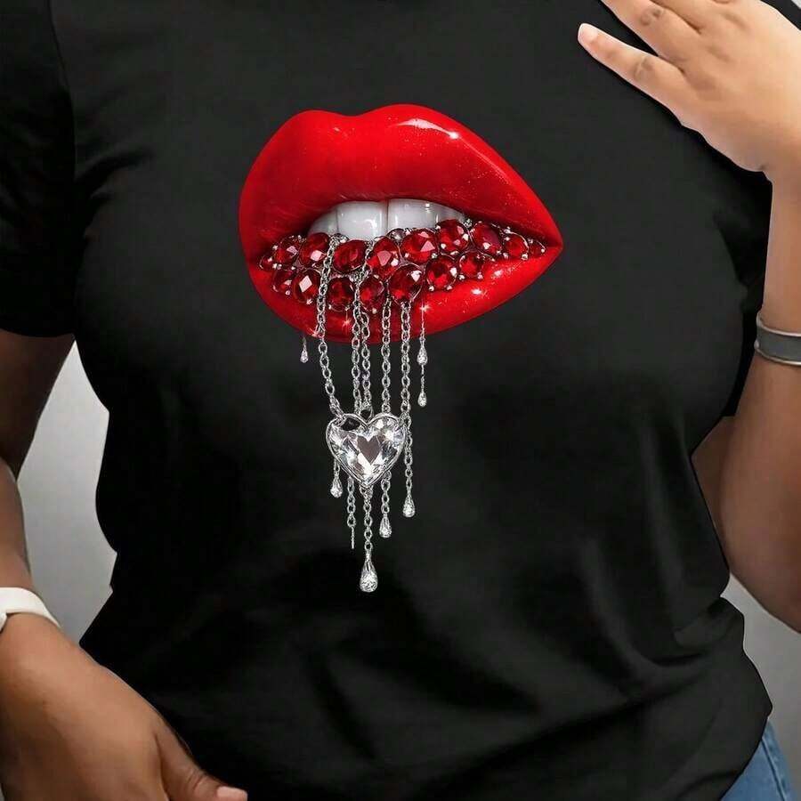Camiseta de manga corta estilo Y2K para primavera y verano, sexy, con estampado de labios brillantes y diseño de joyas, cuello redondo, corte ajustado, ideal para el Día de la Bandera, comodidad durante todo el día, para mujeres, estilo gráfico moderno, para ir al trabajo, suave y agradable al tacto. - Negro - Ver 1