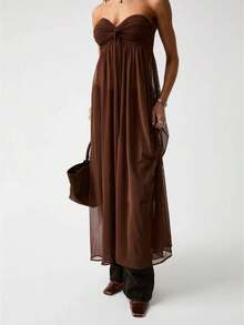 Women's Long Halter Tops Summer Fashionable Solid Color Mesh Patchwork Backless Sleeveless Vest - Coffee Brown - View 1