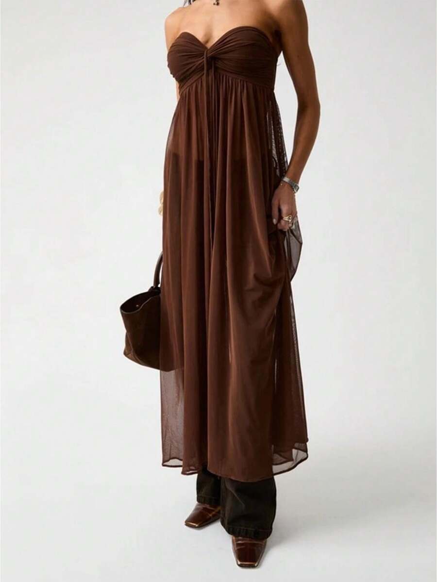 Women's Long Halter Tops Summer Fashionable Solid Color Mesh Patchwork Backless Sleeveless Vest - Coffee Brown - View 1