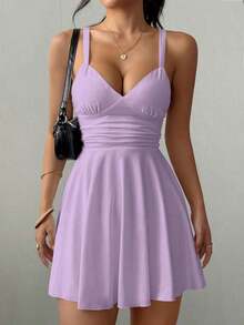 Vestido corto de punto sexy y elegante con escote en V, cintura fruncida y tirantes finos para mujer - Púrpura malva - Ver 4