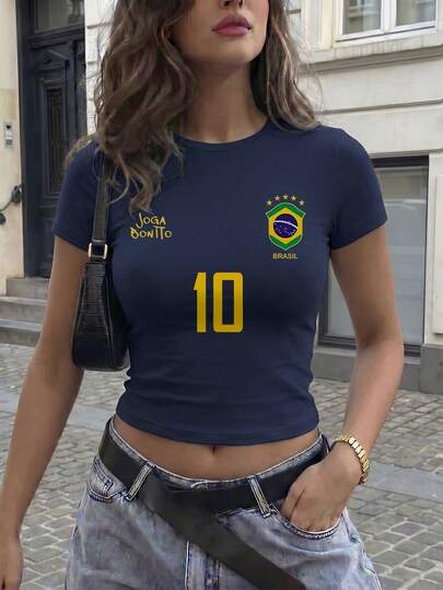 Women's Brazil Flag Print Style Fitted Cropped Top, Breathable Short Sleeve T-Shirt, Retro Sports Tight Fit Shirt, Suitable For Daily Wear, Summer Outings, Football Matches, Street Fashion, Back To School, Travel, Vacation Casual