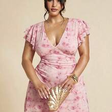 Plus Size Women Elegant Floral Mesh Printed Tight Fitted Deep V-Neck Dress, Slimming, Arm Flattering, Beach Outfit For Women,Airport Outfit Women,Festival Outfits Women,Graduation ,Women Summer Clothes,Going Out Tops Women,Rave Outfits,Club Outfits Women Sexy,Birthday Outfits For Women,Western Wear Women,Wedding Guest Dress Women,Summer Dresses For Women,Holiday Outfits,Vacation Outfits Woman,Pink Dress,Valentine's Day,Valentine Outfits For Women - Rosa vieja - Ver 2