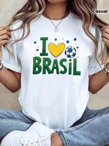 I Love Brazil Football Heart Print Women'S T | Women's T-Shirt, 100% Cotton | Soft Casual Crew Neck Tee - White - View 1
