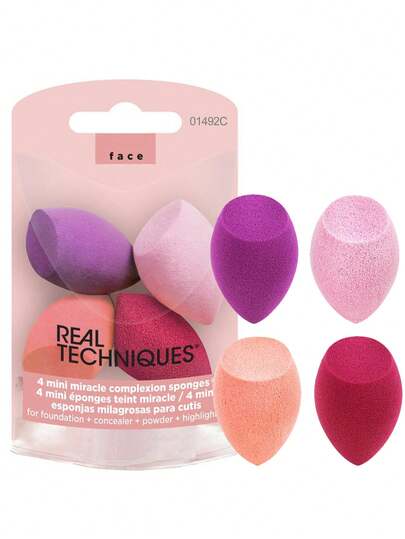 Real Techniques Mini Miracle Complexion Sponge 4 sztuki, małe gąbki do blendowania makijażu, do podkładu i korektora, mini rozmiar do cieni pod oczami i poprawek, wygodne w podróży, naturalny makijaż, bez lateksu