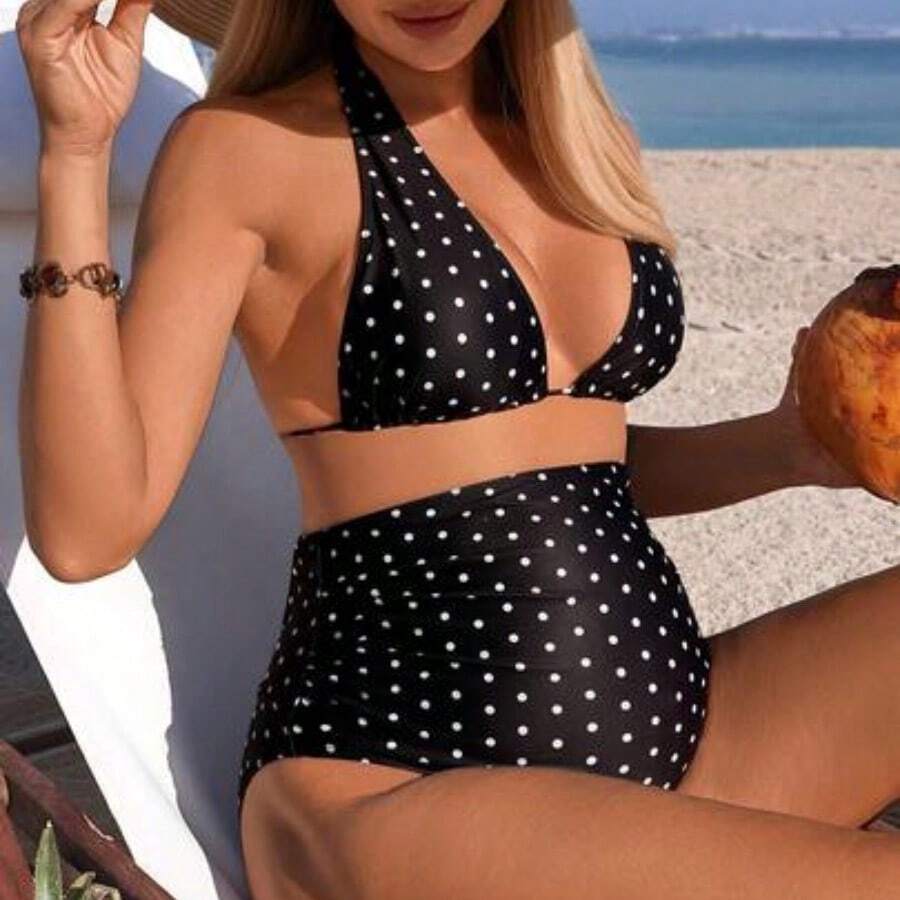 Conjunto de traje de baño de maternidad elegante y sofisticado con lunares negros, nueva llegada de traje de baño de mujer 2026 para la escuela, adecuado para vacaciones, citas, té de la tarde, estilo occidental, cruceros, playa, isla, viajes por carretera, todas las estaciones, festivales de música, vacaciones bohemias, vacaciones bohemias, otoño relajado, estilo occidental bohemio, blusas elegantes para mujer Conjunto de bikini de lunares de talle alto - 01 - Ver 1