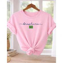 Brazilian Women's Yellow T-Shirt With Brazil Print - 100% Cotton - Casual - World Cup - National Team - 粉紅色的 - 查看 2