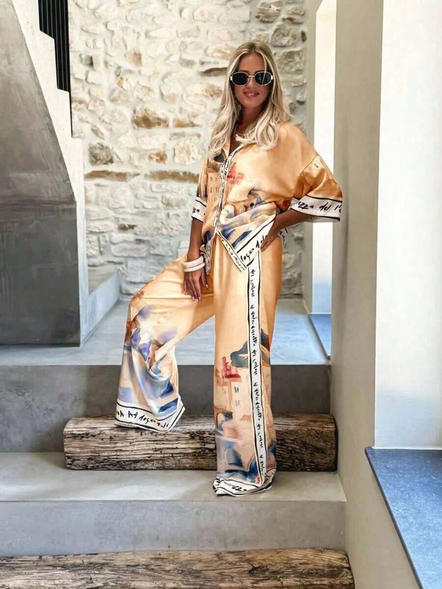 2 piezas Conjunto casual y de fiesta para mujer, que incluye camisa con cuello y decoración de botones y pantalones de pierna ancha para verano - Naranja - Ver 1