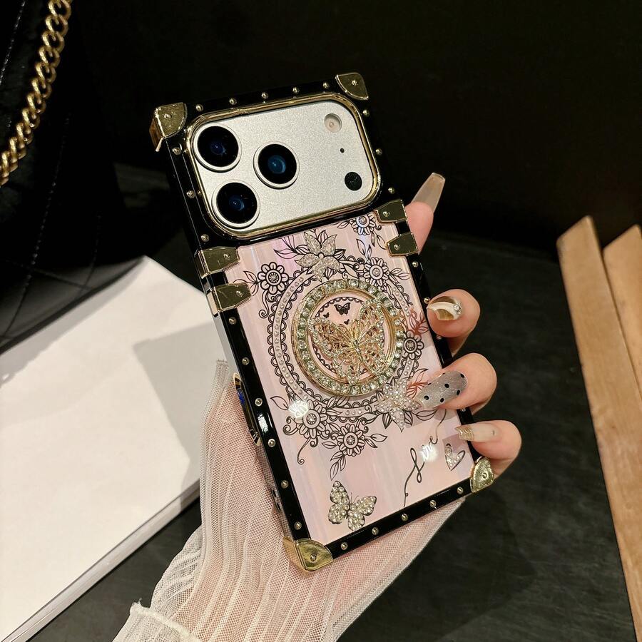 方形水晶蝴蝶手机壳，带指环支架，兼容三星 Galaxy A56/A17/S24 Ultra/S24 Plus/S24/S23 Ultra/S23 Plus/S23/S22 Ultra/S22 Plus/S22/S21 Ultra/S21 Plus/S21 FE/S23 FE/A35/A56/A55 - 粉色 - 查看 1