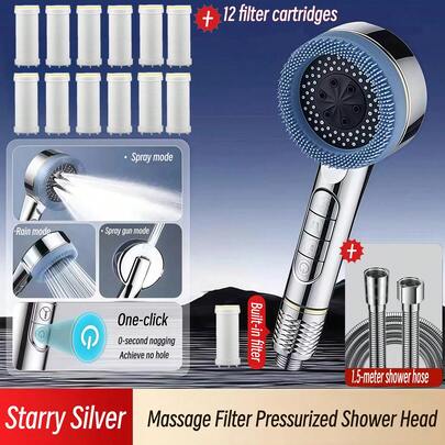 14pcs Starry Silver 3-Mode Filter Shower Set | Shower Head + 1.5m Hose + 12 Filter Cartridges | One-Click Stop Massage Spray | High Flow Handheld Purifying Shower For Bathroom