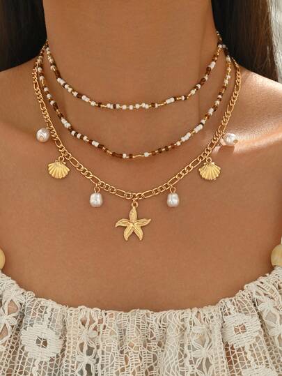 3pcs Summer Beach Vacation Style Beaded Necklace, Fashion Versatile Faux Pearl Marine Life Pendant Necklace, Suitable For Daily Wear, Vacation, Party, Date, Bohemian Choker Necklace, Random Bead Color Arrangement