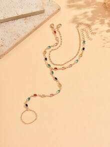 2pcs/Set Fashionable Luxury Colorful Crystal Toe Ring Anklet, Layered Gold Chain Foot Jewelry Suitable For Daily Wear, Summer Holiday, Party, Music Festival. Handmade Chain Length Can Be Customized, Crystal Colors Are Randomly Arranged. - Multicolor - View 3