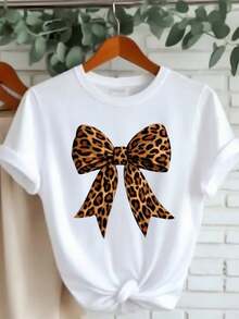Ladies Short Sleeve T-Shirt - White Top With Leopard Bow Print, Casual Round Neck, Soft Stretch Material, Machine Washable, Suitable For All Seasons, Fashionable Top,  Wear, Graphic Statement, Comfortable - 白色 - 查看 1