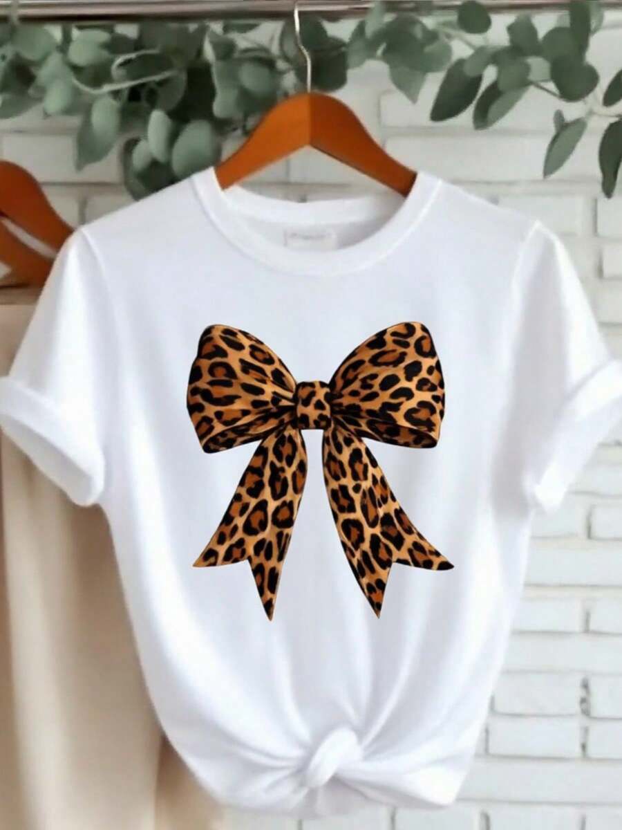 Ladies Short Sleeve T-Shirt - White Top With Leopard Bow Print, Casual Round Neck, Soft Stretch Material, Machine Washable, Suitable For All Seasons, Fashionable Top, Wear, Graphic Statement, Comfortable - 白色 - 查看 1