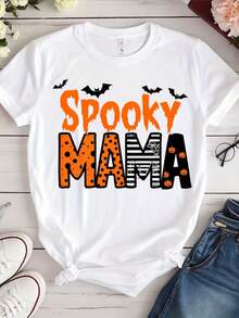 Camiseta de Halloween Spooky Mama de mujer - Top casual de manga corta blanca con murciélago e impresión, cuello redondo de uste suelto, tela suave lavable en máquina, desgaste de toda la tempor, tre de fiesta o regalo perfecto (tres, todos los días) - SPOOKY MAMA - Blanco - Ver 2