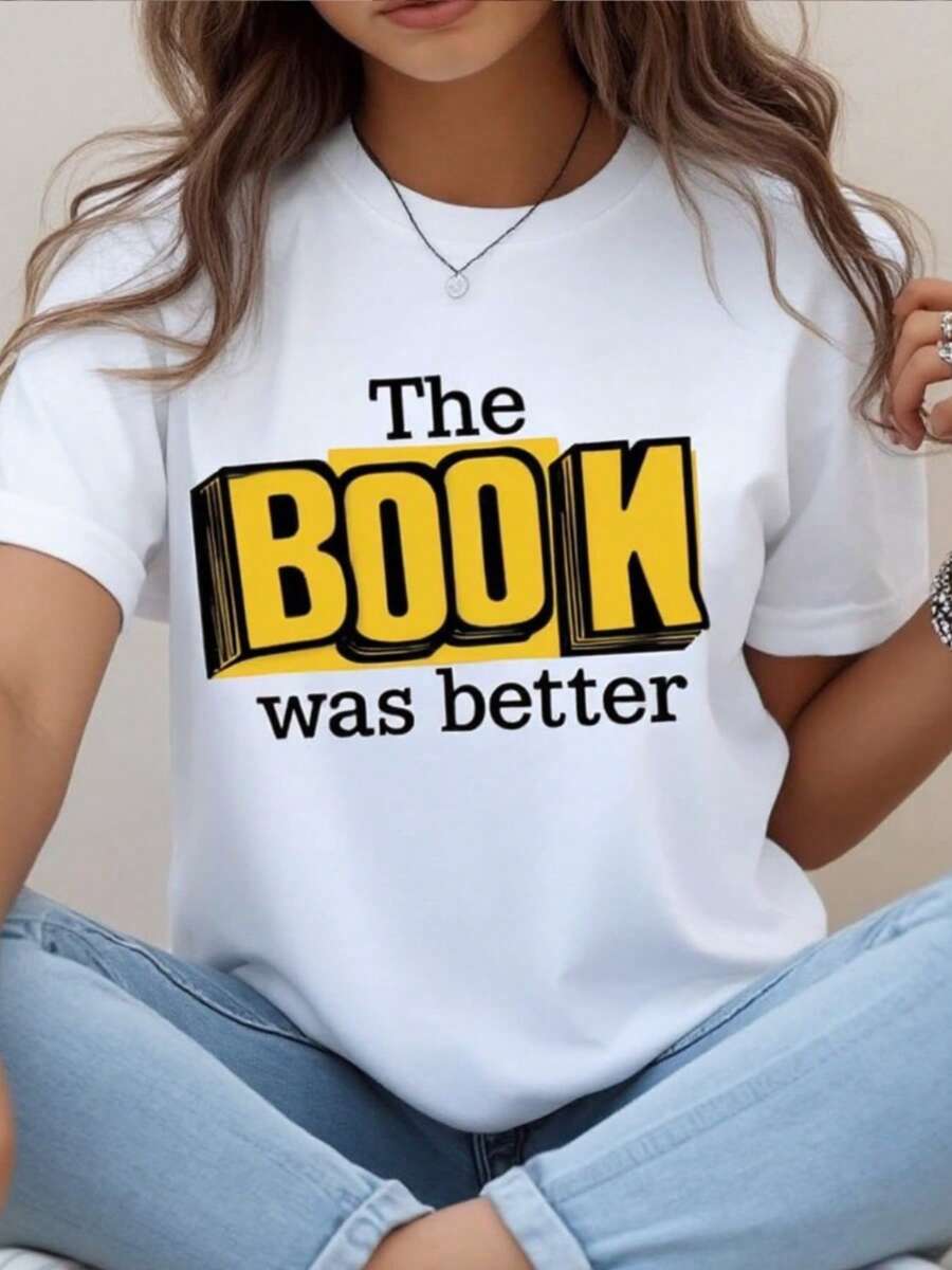 La camiseta impresa era superior al libro. Camiseta de manga corta con cuello de tulación blanco de verano de las mujeres, cómodo y transpirable