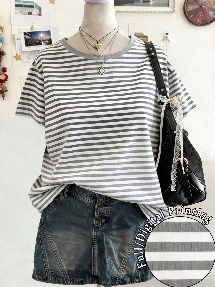 Camiseta de manga corta con cuello redondo, estampado floral y degradado de color para mujer - Multicolor 11 - Ver 1