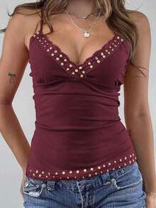 Top de tirantes finos estilo Y2K, de color sólido, sin espalda, ajustado y sexy, con encaje, estilo urbano para graduaciones, ideal para la playa en verano, citas, festivales de música, 4 de julio y más ocasiones informales. - Burdeos - Ver 6