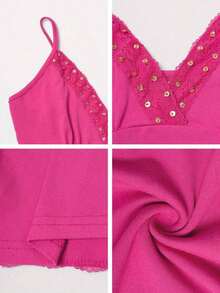 Top de tirantes finos estilo Y2K, de color sólido, sin espalda, ajustado y sexy, con encaje, estilo urbano para graduaciones, ideal para la playa en verano, citas, festivales de música, 4 de julio y más ocasiones informales. - Rosa Fucsia - Ver 10