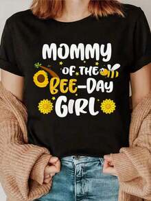 Camiseta casual con tema de fiesta de cumpleaños de abejara el Día de la Mamá Abeja, estilo primavera-verano, estampado de letras, detas de aplicaciones, cuello redondo, longitud regular - Negro - Ver 2