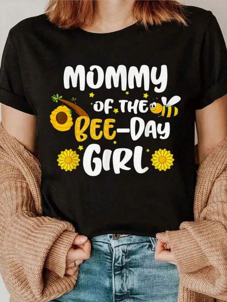 Camiseta casual con tema de fiesta de cumpleaños de abejara el Día de la Mamá Abeja, estilo primavera-verano, estampado de letras, detas de aplicaciones, cuello redondo, longitud regular