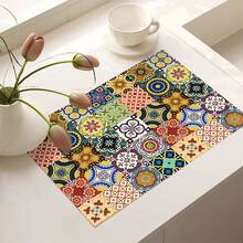 1pc Multicolor Floral Tile Pattern Printed Coffee Bar Mat, Stove Mat, Drainage Mat, Silicone Drainage Mat For Coffee Machine, Rubber Drainage Mat, Super Absorbent And Wear-Resistant Dish Drying Mat, For Countertop, Restaurant, Kitchen, Patio Dining Table Decor, Household Kitchen Supplies, Countertop Decorative Mat - Multicolor - View 3