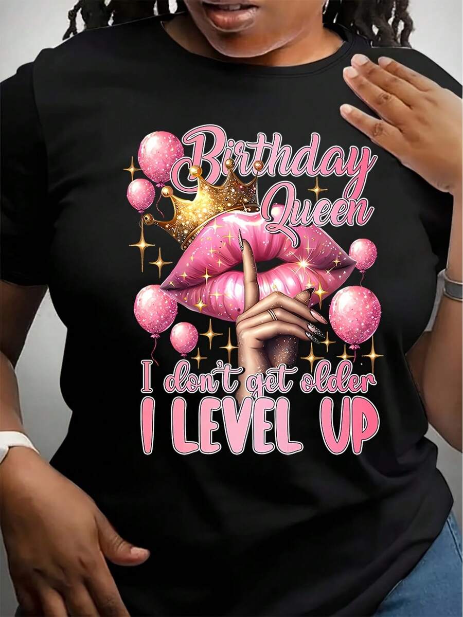 Camiseta de algodón de manga corta para mujer, con estampado "Birthday Queen", cuello redondo, camiseta casual de manga corta para primavera y verano, ropa de mujer. - Negro - Ver 1