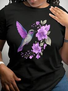 Camiseta de algodón de manga corta para mujer con diseño de colibrí, perfecta para paseos de verano, vacaciones, observación de aves y como regalo para amantes de las actividades al aire libre. - Negro - Ver 6