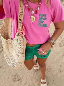 Camiseta de mujer, estilo gráfico casual de calle de manga corta, top de verano lindo, conjuntos de ropa de vacaciones de mujer, ropa de verano de mujer, blusas de mujer para el verano, ropa de vacaciones de mujer, conjuntos de ropa de vacacione - Rosa Fucsia - Ver 2