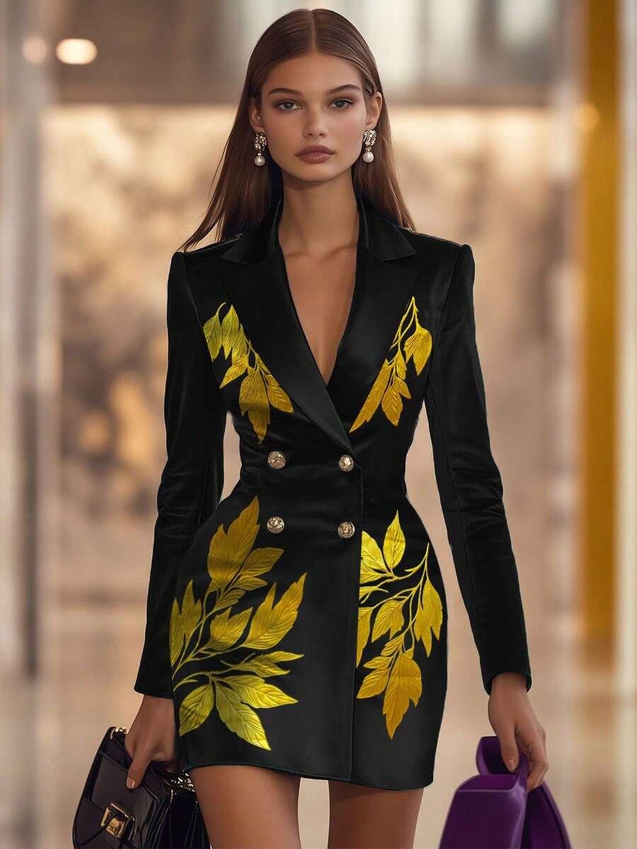 Women's High-End Commuting Robe, Elegant Satin Emerald Green Suit Dress With 3D Leaf Print And Double-Breasted Design, Lined
