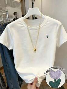 Envío gratis, entrega local enéxico, entrega en 4 días.Camiseta de manga corta con cuello redondo para mujer , con bordado casual de dachshund, versátil. - Blanco 3 - Ver 1