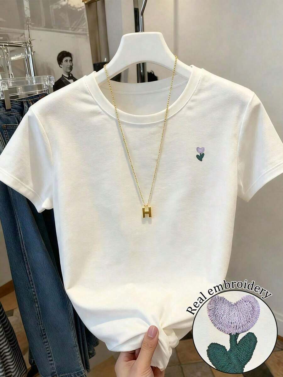 Envío gratis, entrega local enéxico, entrega en 4 días.Camiseta de manga corta con cuello redondo para mujer , con bordado casual de dachshund, versátil. - Blanco 3 - Ver 1