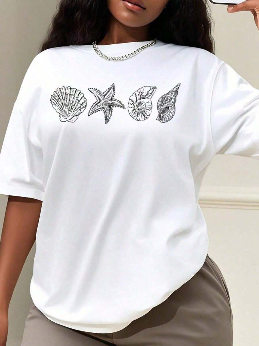 1 pieza. Estilo cotidiano, camiseta estética con diseño de conchas marinas y estrellas de mar, camiseta gráfica costera vintage, regalo para vacaciones de verano, camiseta de playa, camiseta de verano, regalo para amantes del océano, camiseta con conchas marinas, camiseta linda con animales marinos, camiseta de playa para mujer, diseñada para resaltar las curvas de forma suave, cómoda y que aumenta la confianza. 180g 100% algodón, todos los diseños están impresos. Unisexo. - Blanco - Ver 1