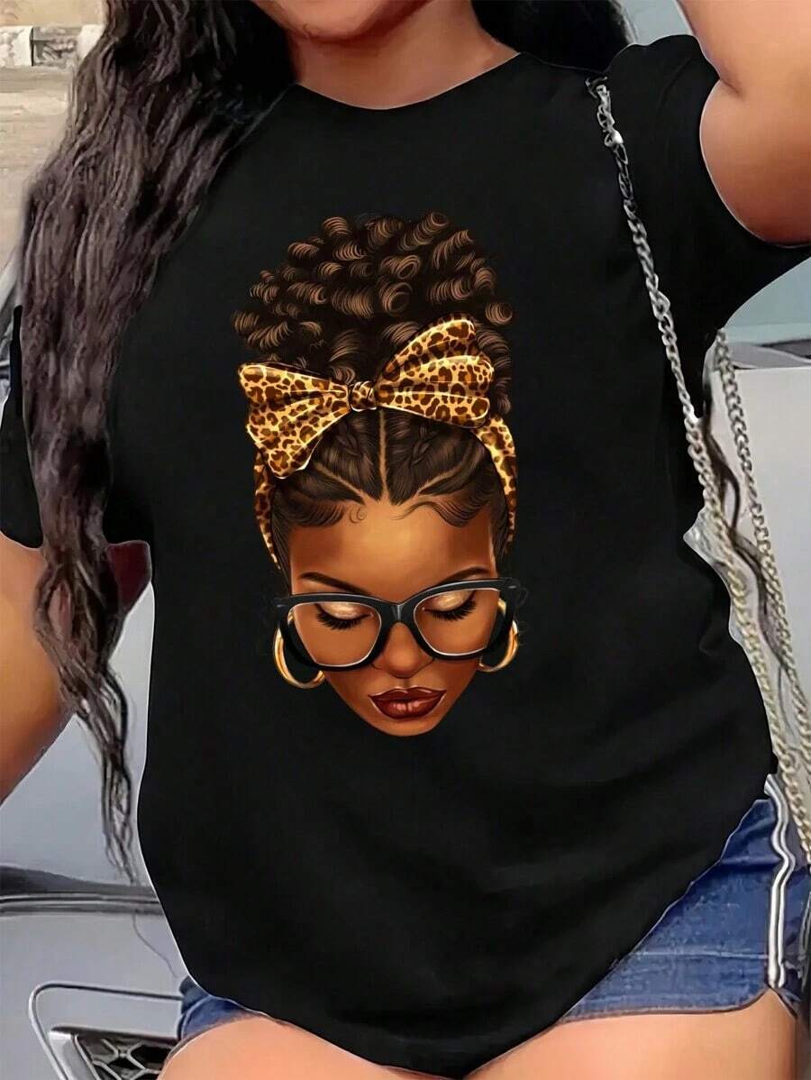 Camiseta de Manga Corta con Estampado de Retrato para Mujer Talla Grande, Camisetas Gráficas para Mujer, Tops de Algodón - Negro - Ver 1